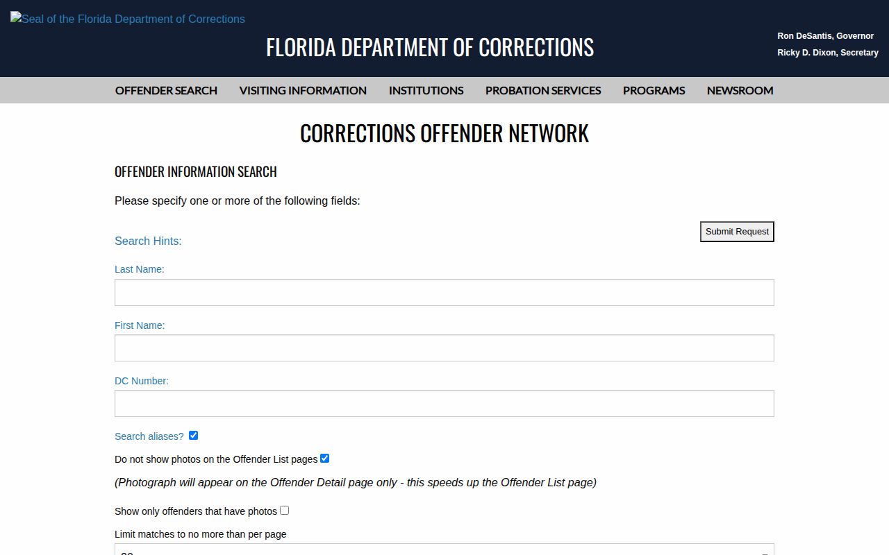 Florida Department of Corrections Union County offender photo search form