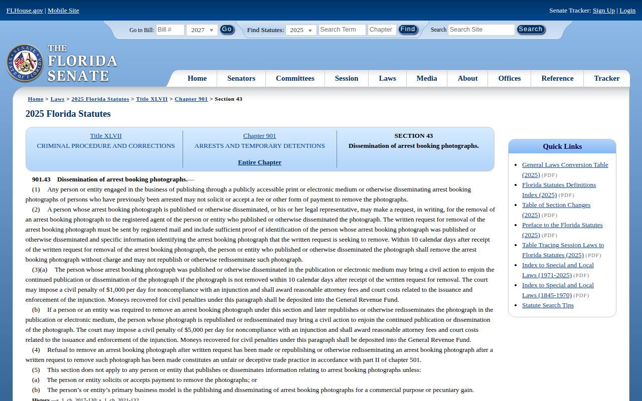 Florida Union County busted mugshot publisher statute record