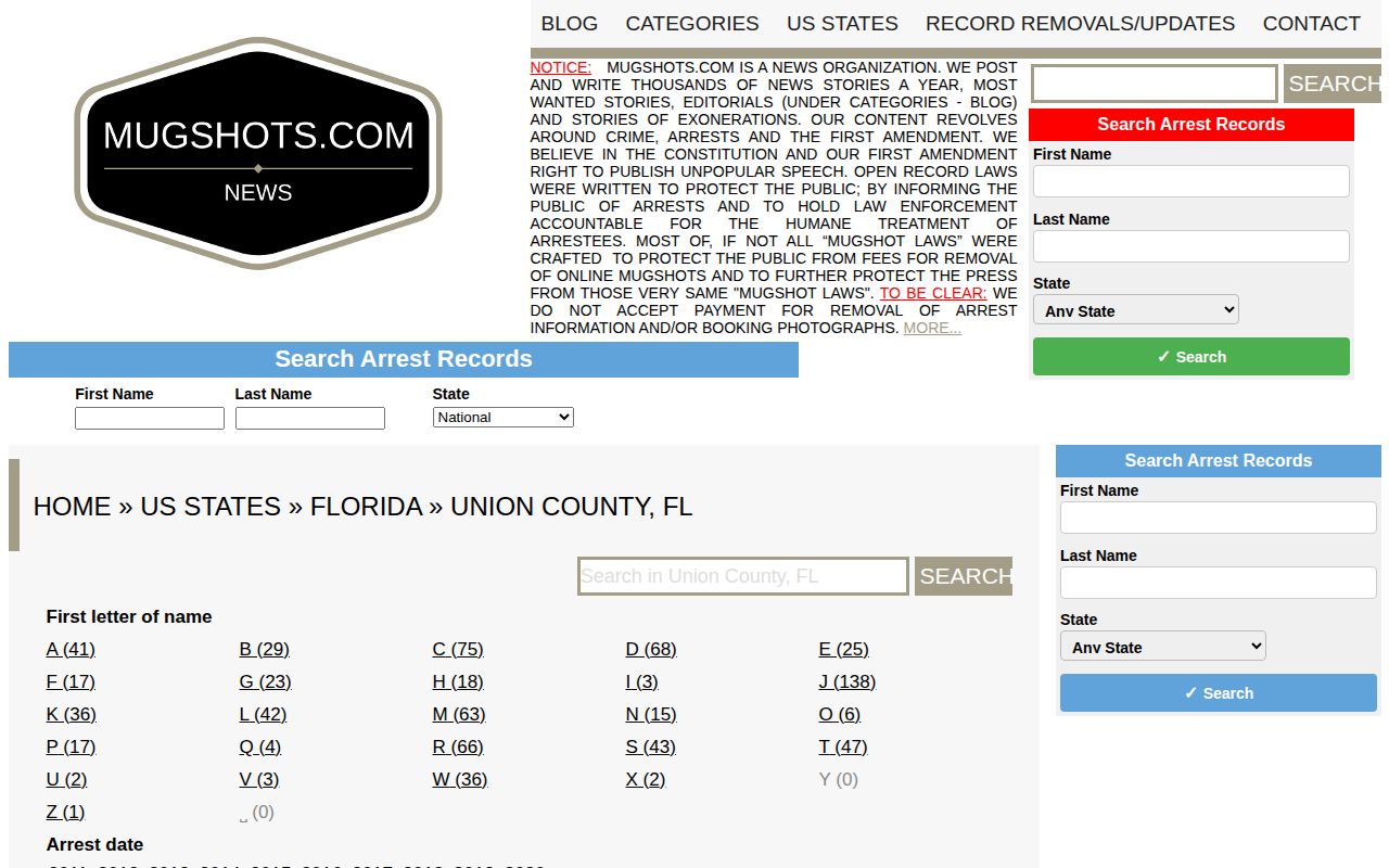 Union County busted mugshot archive search interface